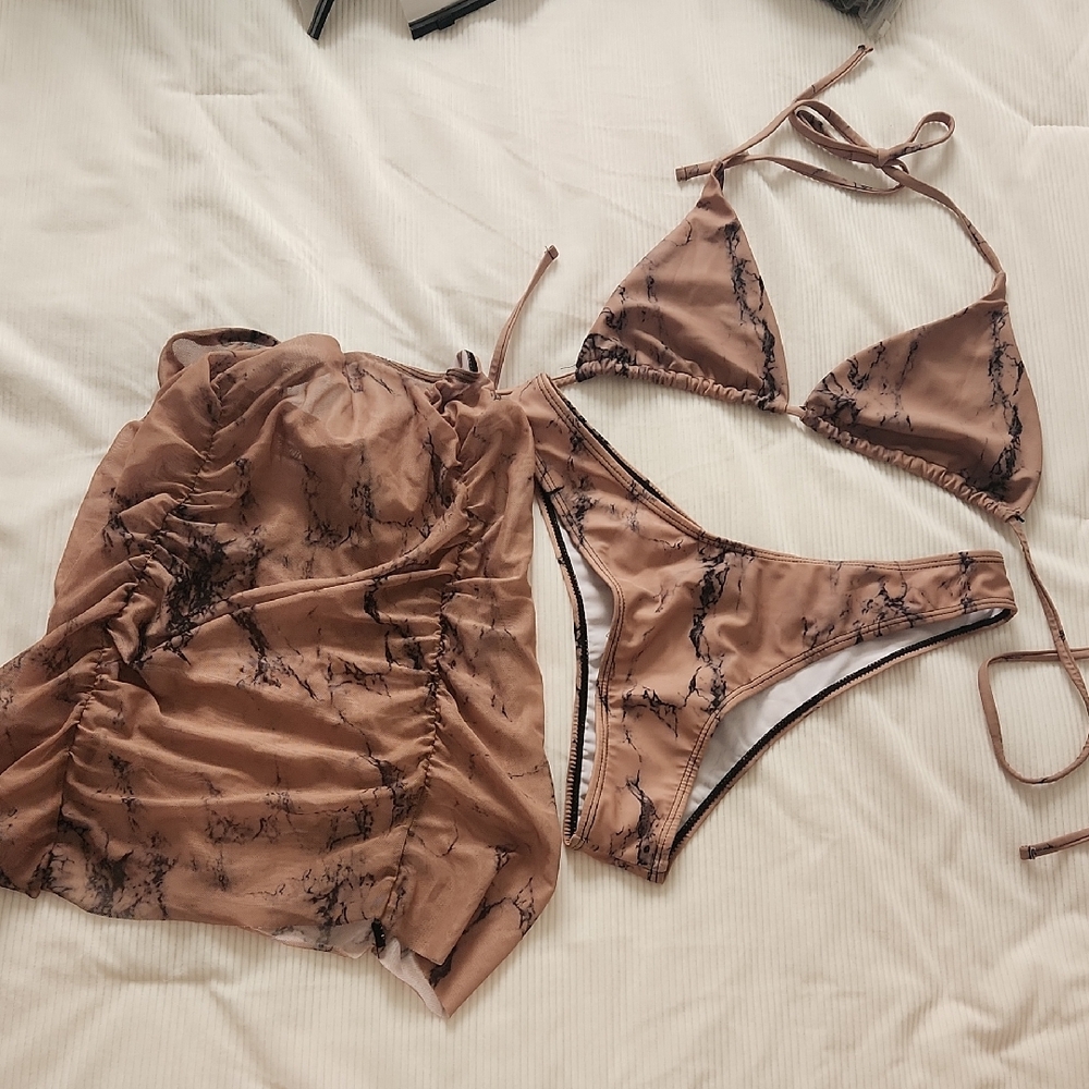 Brown Marble Bikini Set with Skirt
